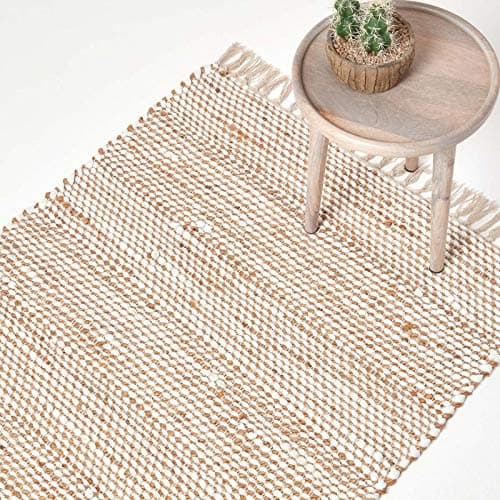 Image of HOMESCAPES Chevron Handwoven Rugs Living Room, Hemp Chindi Cotton 100% Natural Bedroom Rug, Textured Horizon Herringbone Pattern, 120 x 170cm
