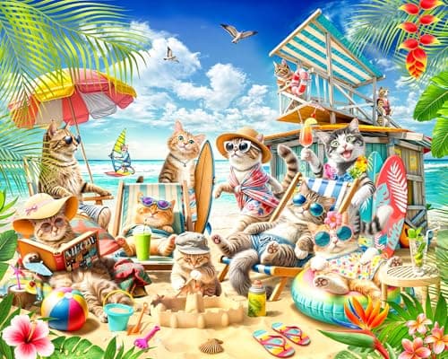 Image of Cats on The Beach Jigsaw Puzzle 1000 Piece by VCC - Cool Cat Puzzles for Adults & Families - Large Interlocking Pieces - 30" x 24"