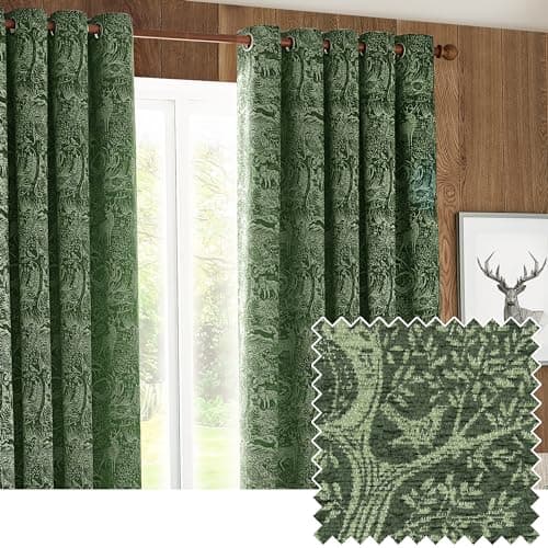 Image of furn. Winter Woods Chenille Room Darkening Eyelet Curtains – Woodland Animals Pattern (Emerald - Width x Drop: 117 x 137cm / 46 x 54, 2 Panels)