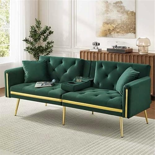 Image of BTM 3 Seater Sofa Bed with Adjustable Backrest, Gold Accents and Built-in Cup Holders, 3 Seater Sofa/Folding Bed for for Living Room and Bedroom, Green