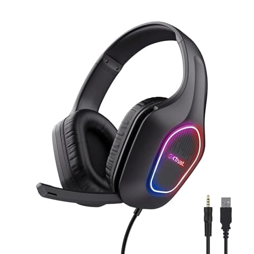 Image of Trust Gaming GXT 419 Rayne Lightweight Gaming Headset for PC/Console, USB-powered LED Lighting, 3.5mm Jack, 50mm Drivers, Foldaway Microphone, Over-Ear Wired Headphones for Computer Laptop, Black