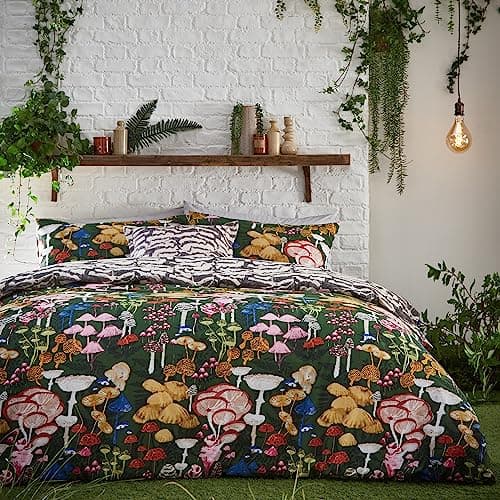 Image of furn. Amanita Duvet Cover Set – Hand-Painted Printed Colourful Mushroom Reversible Bedding (Forest Green – Double)