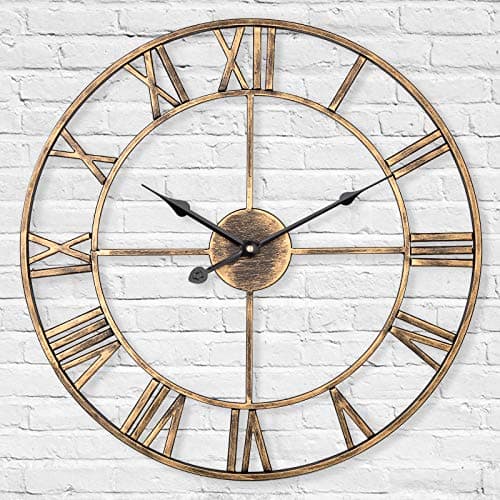 Image of LENAUQ Silent Metal Skeleton Wall Clock, 47cm European Farmhouse Vintage Clock with Roman Numeral, Non-Ticking Battery Operated Hanging Wall Clock for Home Kitchen Cafe Hotel Office Decor(Gold)