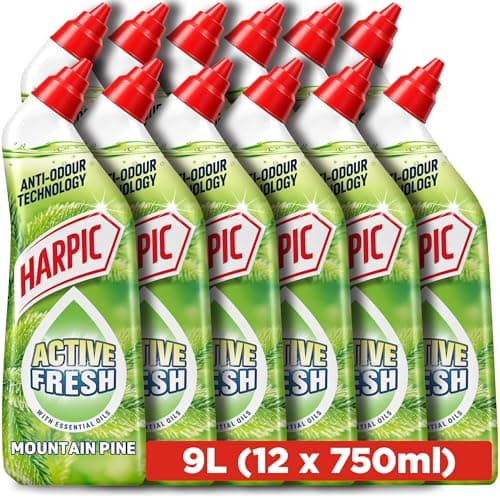 Image of Harpic Active Fresh Toilet Cleaning Gel, Mountain Pine, 750ml (12 x 750ml, Total 9.0L), with Essential Oils, Anti-odour, Toilet Cleaner, Kills 99.9% of Bacteria