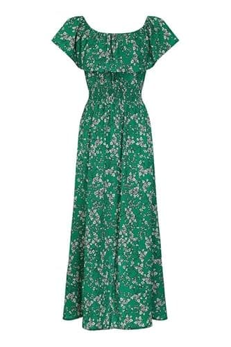 Image of Yumi Green Bardot Asymmetric Maxi Dress (UK, Numeric, 22, Regular, Regular, Green)