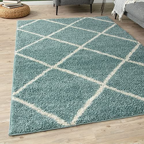Image of THE RUGS Shaggy Rug – Modern Moroccan Design Rugs for Living Room, Bedroom, Hallway, 3 cm Thick Area Rugs, (Diamond Duck egg blue/Ivory, 200x290cm)