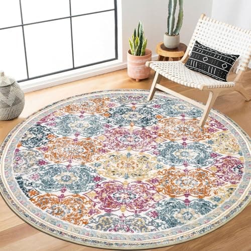 Image of Enyhom Round Rugs for Living Room 120cm, Vintage Floor Rug Machine Washable Boho Carpet Floor Mat, Non Slip Soft Circle Rug for Bedroom Home Decor, Colorful
