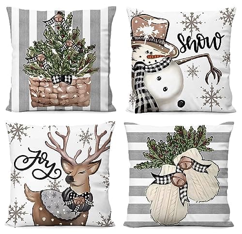 Image of Christmas Decorations Christmas Cushion Covers 18x18 Inch Grey White 45 x 45cm Set Of 4,Xmas Cushion Covers Stag Snowflake Decorations Throw Pillow Cover Party Family Winter Decor Throw Pillow Cover