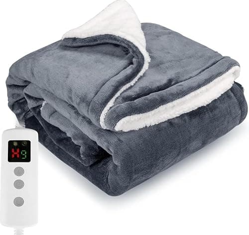 Image of PROALLER Heated Blanket, Electric heated throw 200x150CM Grey, 10 Levels &1-9H Timer Auto-Off, Machine Washable, Soft Flannel Sherpa and Full Body Warming, Sofa Bed Office Use, warm blanket, electric