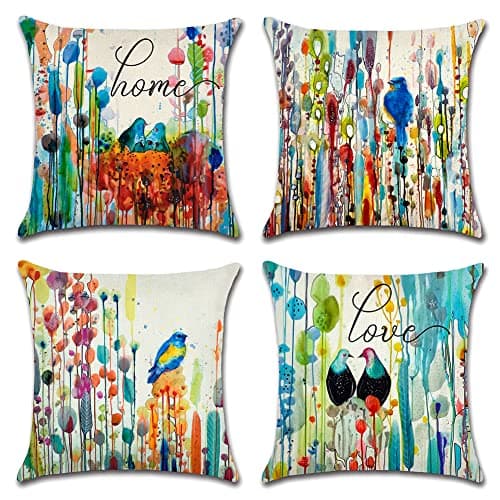 Image of Artscope Set of 4 Waterproof Cushion Covers 45x45cm, Decorative Birds and Watercolor Splashes Throw Pillow Covers, Perfect to Outdoor Patio Garden Bench Living Room Sofa Farmhouse Decor