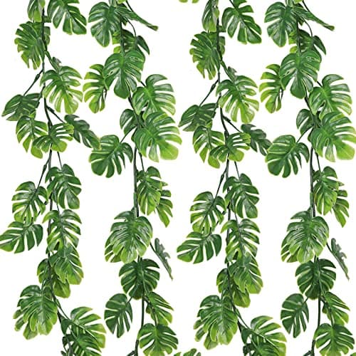 Image of RECUTMS 4Pcs Artificial Monstera Leaves Vines, 5.9FT Fake Hanging Plant Ivy Faux Tropical Palm Leaf Greenery Garland for Garden Porch Patio Jungle Luau Beach Birthday Party Indoor Outdoor Spring Décor