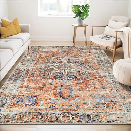 Image of Guchuang Bedding Washable Rugs Living Room Area Rugs Orange Vintage Boho Rug Large Non Slip Carpet Moroccan Rugs Short Pile Rug for Bedroom Dining Room Kitchen, Soft Faux Wool, 160x230cm
