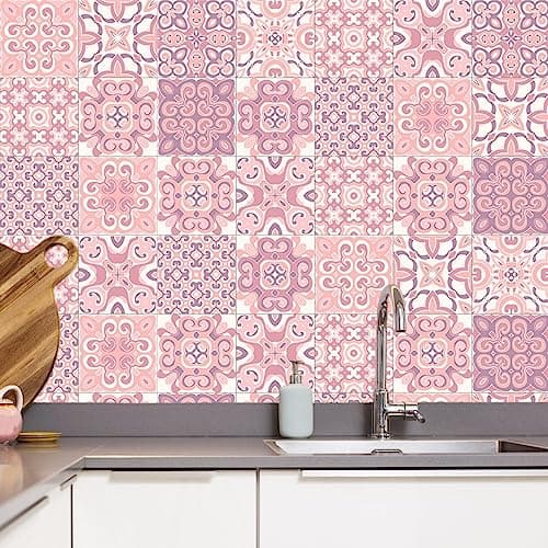 Image of 20pcs Pink Moroccan Tile Stickers, Kitchen Bathroom Wall Tile Stickers Peel and Stick on Tile Transfers Covers Decals Self Adhesive Vinyl Waterproof Vintage Victorian Mosaic (15cm x 15cm, 6x6 inches)