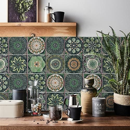 Image of Ntrniva Moroccan Tile Stickers Green for Kitchen Bathroom Fireplace Surround 10x10 cm Victorian Self Adhesive Wall Tile Covers Oil Proof Waterproof Stick on Tiles for Shower 24pcs (4 * 4 inch)