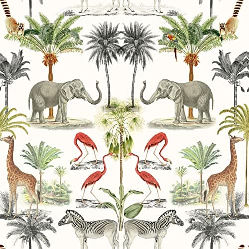 Image of Arthouse Mirrored Jungle Animals Palm Trees Wallpaper - Multi/White 924109