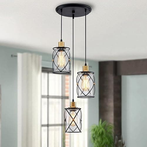 Image of WUZUPS Chandelier Semi Flushmount Industrial 3-Light Pendant Ceiling Light Fixture Clear Seeded Glass Shade for Entryway Porch Foyer Kitchen Dining Room Bathroom W29 E27 Base Black with Brass