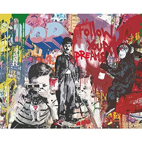 Image of Tucocoo Banksy Camera Boy Oil Painting - Monkey Street Graffiti 16 x 20 Inch Canvas DIY for Students Adults Beginner With Brushes and Acrylic Pigment (Without Frame)