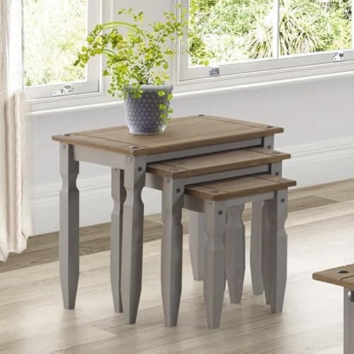 Image of Corona Nest of Tables Grey Painted Wax Piccolo Solid Wood Pine Wooden Side End Coffee Lamp Mexican Style Shabby Chic Rustic Living Room Lounge 51cm High 53cm Wide 35cm Deep = Largest Table