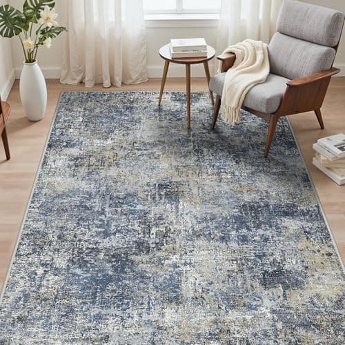 Image of GENIMO Rug Living Room 120x170cm, Modern Abstract Area Rugs Washable, Non-Slip Floor Carpet, Low Pile, Non-Shedding, Dining Room, Bedroom, Kitchen, Indoor, Multi-Tone Blue Abstract