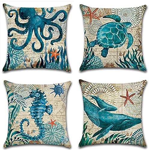 Image of Cushion Covers 12x12 inch Outdoor Cushions Set of 4 BLUE SEA ANIMALS Printed Pillow Covers Square Double Sided Velvet Cushions for Patio Couch Balcony Farmhouse Garden Decorative Pillowcases a1091