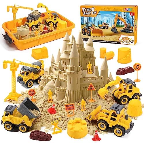 Image of FRUSE Play Construction Sand Kit,Sand Box Toys Set with Play Sand,4 Take Apart Construction Trucks,4 Castle Molds,Sandbox with Lid,Sensory Toys for Kids Boys Girls Age 3-8