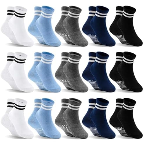 Image of DECOVICI Kids Grip Socks,Toddler Non Slip Socks 15 Pairs, Boys Girls Grippy Crew Sock for 3-5 Years Children Anti Skid Sock with Grips(3-5 Years,3Black+3White+3Dark Grey+3Blue+3Navy Blue)