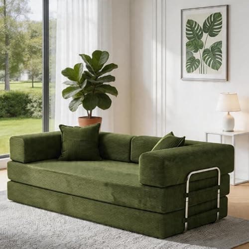 Image of Vipbear Boneless Couch, 3 Seater Sofa Bed Corduroy Modular Couch, 5-in-1 Convertible Folding Sofa Bed with 2 Memory Foam Pillows, Pull-Out Sectional Couches for Living Room, 200cm, Green