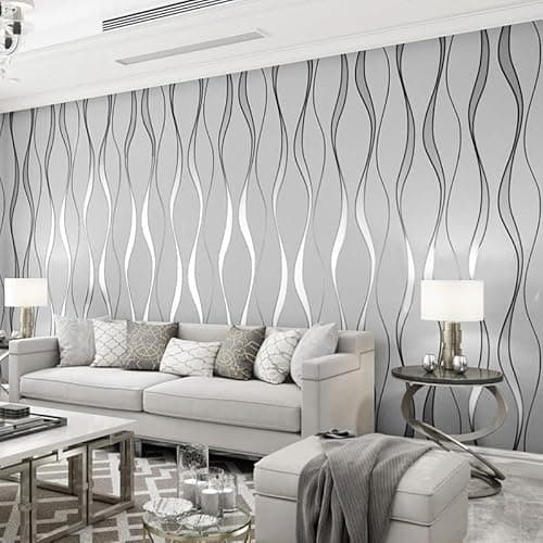 Image of Trafagala 9.5 m x 0.53 m Silver Grey Glitter Striped Wallpaper Modern Damask Embossed Textured Wallpaper for Living Room Bedroom TV Background Non-Woven Wallpaper Roll Silver Retro Leaf