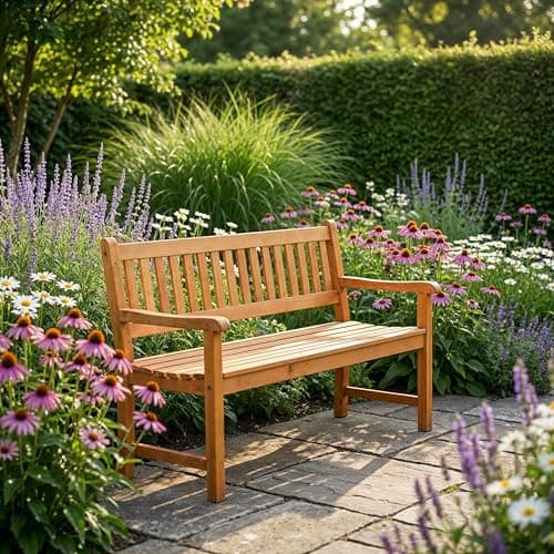 Image of OHS Garden Bench 2 Seater Wooden Seater Outdoor Patio Furniture Garden Seat for Balcony Terrace All Weather Resistant Comfy 2 Seaters Bench Suitable for Indoor Outdoor, Natural
