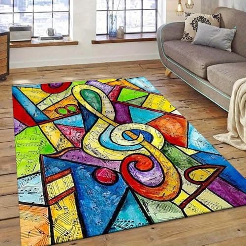 Image of Bycmuoz Music Note Living Room Rug, 80x150cm, Colorful Music Puzzle Kids Decor Mat, Low Pile Soft with Non Slip Backing Carpet, Foldable No Crease Machine Washable Mat for Indoor Floor