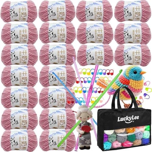 Image of Double Knitting Wool, 20 x 50g Acrylic Crochet Yarn for Knitting, Double Knit Acrylic Wool Super Soft Crochet Yarn with Carry Bag, Crochet Hooks for Blankets, Baby Clothes, Hats, Gloves (Rose Pink)