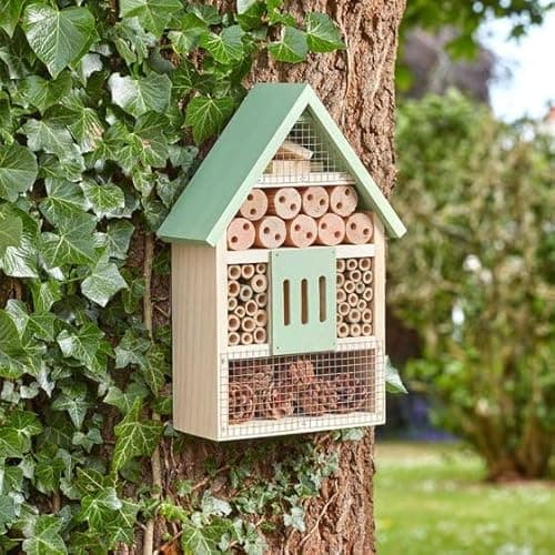 Image of Garden Mile Wooden Insect Hotel with Roof - Eco Friendly Natural Wood Weatherproof Insects House - Hanging Outdoor Garden Box Shelter Nesting Habitat for Bees, Butterflies, Ladybirds and Bug