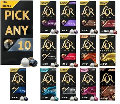 Image of L'OR Espresso Coffee Pods/Capsules, Nespresso Compatible Pods Pick Any 10 Packs from Decaf, Colombia, Ristretto, Splendente, Forza, Profondo, Supremo. (Each Pack 10 Pods Total 100 Coffee Pods)