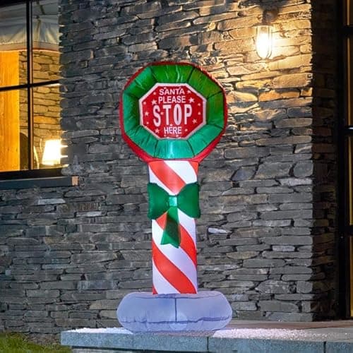 Image of 4ft Inflatable Christmas Decorations, Santa Claus Santa Stop Here Sign Outdoor Indoor with LED Light Up (Santa Stop Here Sign)