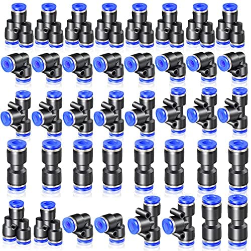 Image of ERGAOBOY 40 Pcs 6MM Tube OD Push to Connect Fitting Kits, Blue 10 Straights 10 Elbows 10 Tee 10 Splitters Push Lock(PU6)