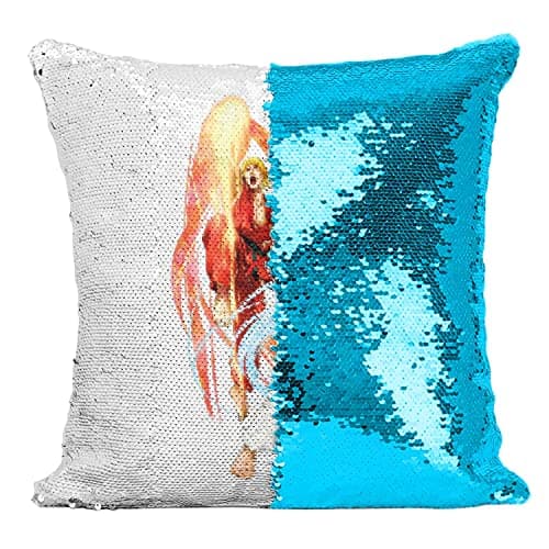 Image of Fabulous Sequin Cushion Cover Teal Ryu Ken Character Mascot Video Game Arcade Retro Gaming