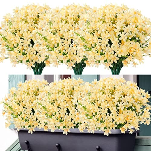 Image of LOMOHOO 8 Bundles Artificial Daffodils Flower Outdoor Artificial Flowers UV Resistant Fake Flower Faux Blue Flowers Shrubs for Indoor Outside Garden Porch Window Box Home Office Wedding Decor (Yellow)