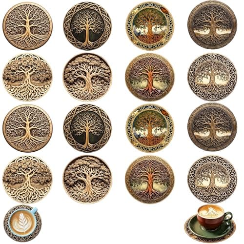 Image of 16PCS Coasters, Coaster Set, Round Coasters - Cork Table Mats for Drinks, Home Bar, Kitchen, Living Room Décor, Great Housewarming Gift for Friends and Family