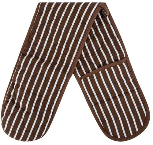 Image of Brown Double Oven Gloves - Heat Resistant Oven Mitts for Home Kitchen Baking and Cooking, Butchers Stripe Pot Pan Tray, Heavy Duty Cooking Gloves