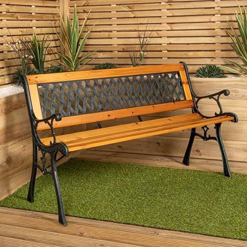Image of Samuel ALEXANDER 2 Seater Outdoor Wooden Cast Iron with Lattice Design Garden Patio Bench