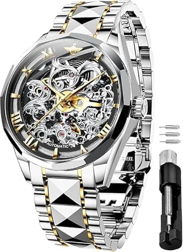 Image of OLEVS Men Skeleton Watch Automatic Mechanical Self Winding Sapphire Crystal Luxury Dress Tungsten Steel Gold Black Face Waterproof Two Tone Strap