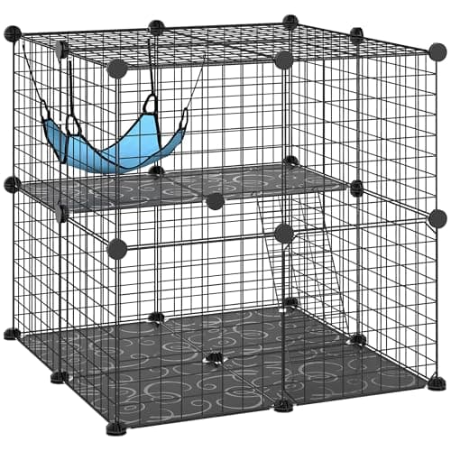 Image of PawHut 70 cm Indoor Cat Cage, Steel Cat Enclosure with 2 Doors, DIY Customizable Design for Kittens, 2-Tier Playpen with Ladder, Hammock, Platform, Black