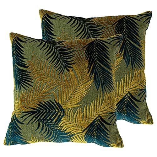 Image of Paoletti Palm Grove Feather Filled Cushions (Twin Pack), Gold/Teal, 50 x 50cm