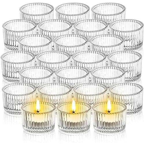 Image of Elsjoy 24 Pack Clear Tea Light Candle Holder, 5 cm × 3.5 cm Small Glass Votive Candle Holders Mini Ribbed Tealight Holder for Wedding, Birthday, Festival, Table Centerpiece