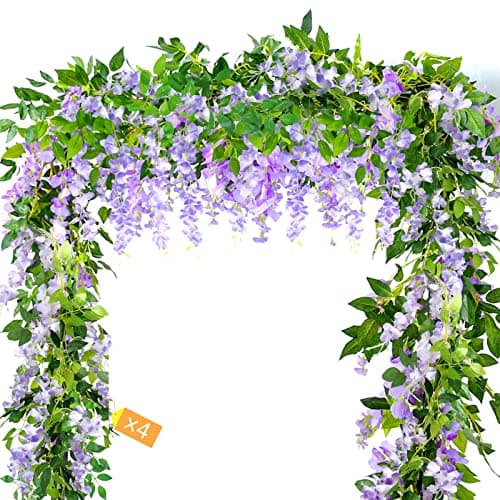Image of MOTONG Artificial Vine Flowers Decoration, 4Pcs (8FT/2.5M/piece) Artificial Wisteria Vines Garland Plants Flowers Arts For Ceremony Home Garden Wedding Party Decors (4Pcs Purple)