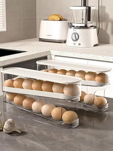 Image of Auto Rolling 2 Tier Eggs Holder Fridge Organisers 30.3 X 8.5 X 14.2 Cm Egg Dispenser Kitchen Roll Down Stackable With Lid Trays Egg Storage Box For Fridge & Kitchen Countertop