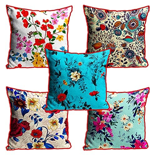 Image of MUKESH HANDICRAFTS Jute Fabric Printed Decorative Cushion Covers for Living Room, Bed Room, Sofa,Chairs Set of 5 Multi Flowers (Multicolor, Size 12 x 12 Inches)