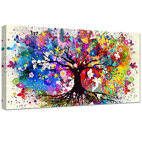 Image of Wooden Framed Large Canvas Wall Art Colorful Tree of Life Painting Butterfly Flowers Birds Canvas Prints Poster Pictures for Living Room Bedroom Home Office Wall Decorations 50x100cm/20x40 inch