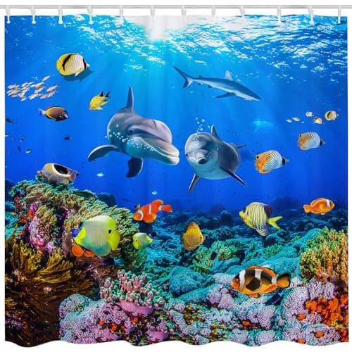 Image of JOOCAR Ocean Dolphin Shower Curtain Underwater World 3D Digital Painting Pattern Bath Curtain Waterproof Shower Curtains Bathroom Decor 72x72 Inch, Bright Blue