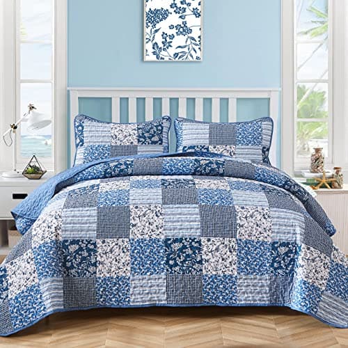Image of Mybedsoul Blue Boho Quilt Set Queen Size,3 Pieces Plaid Floral Bedspread Coverlet Set for All Season,Patchwork Reversible Bedding Set Queen 90"x90"
